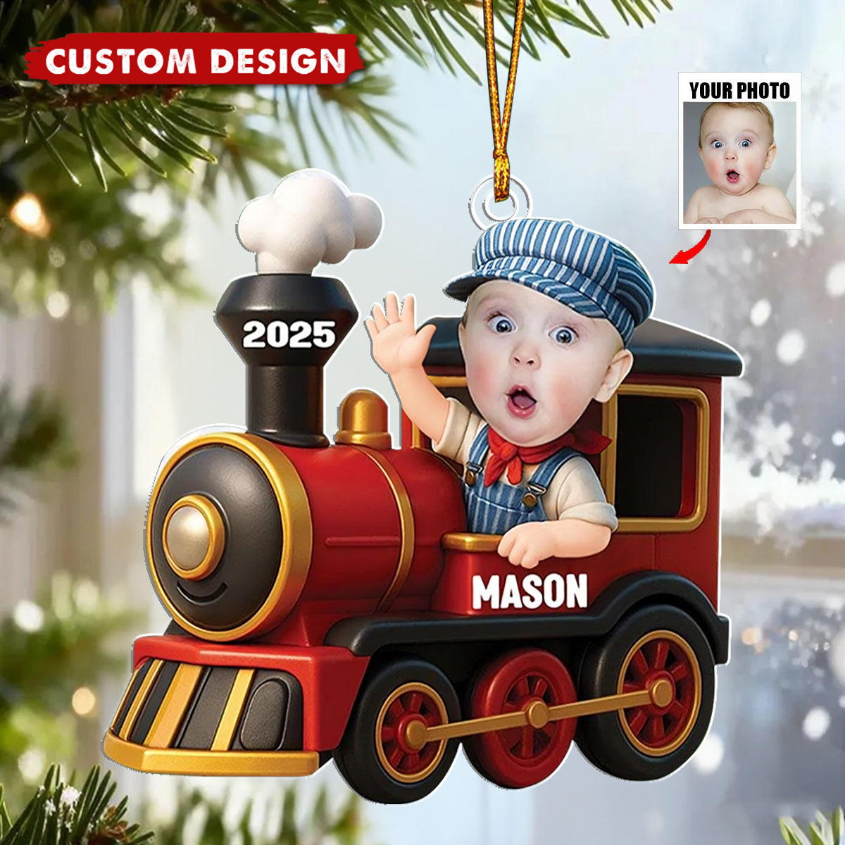 Personalized Kid Railroader Train Christmas Ornament - Custom Photo And Design
