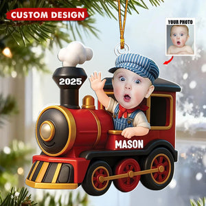 Personalized Kid Railroader Train Christmas Ornament - Custom Photo And Design