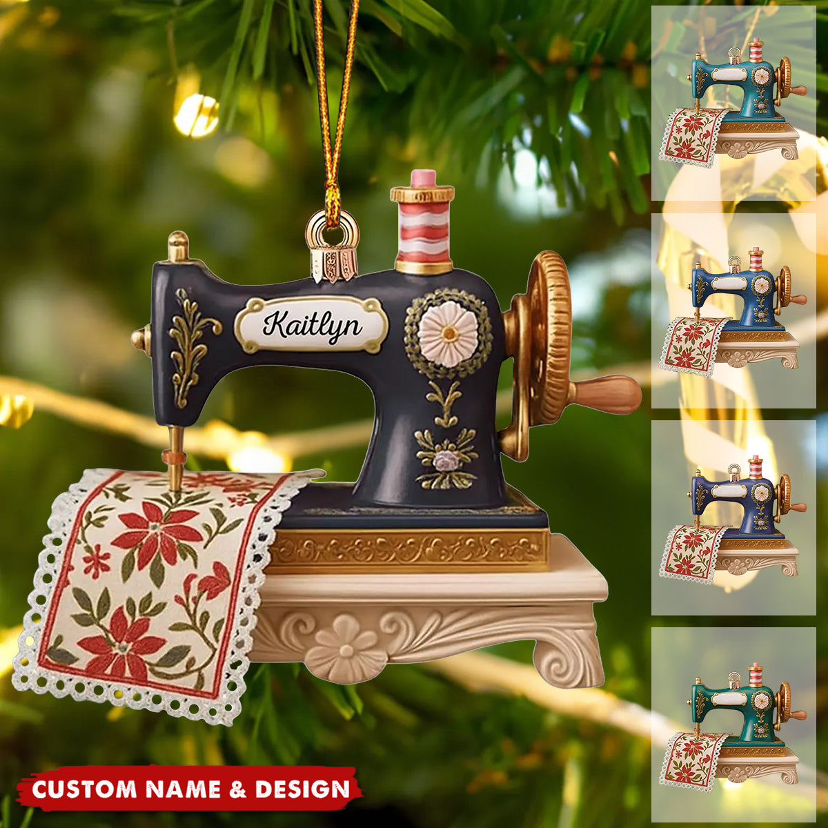 Personalized Vintage Sewing Machine Ornament – Custom Name & Color