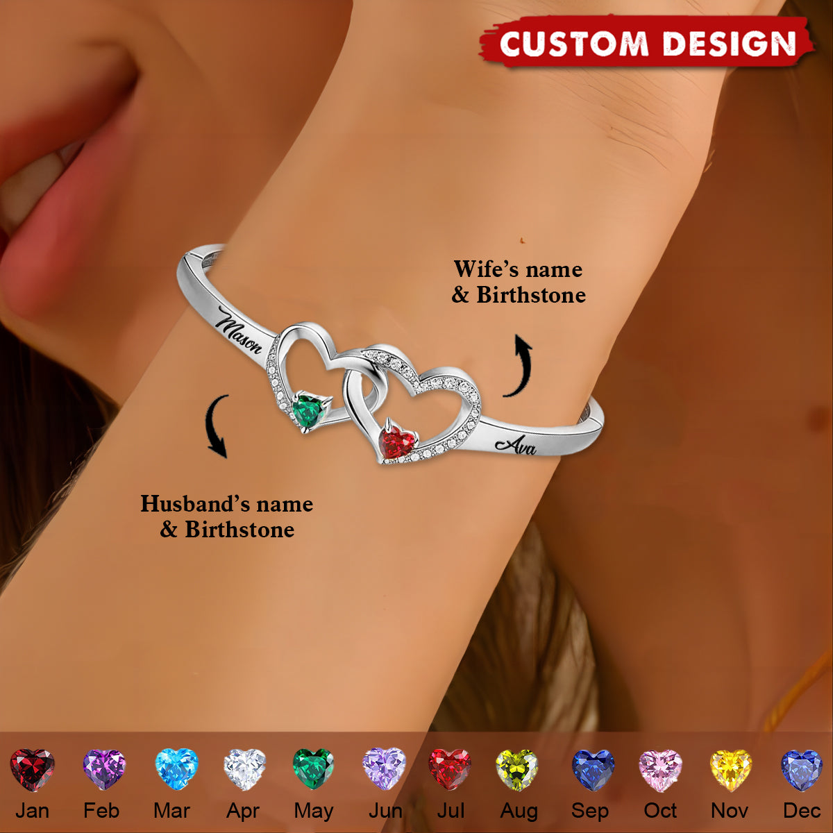 Personalized Husband & Wife Birthstone Bracelet – Custom Two-Heart Bangle with Engraved Names