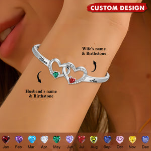 Personalized Husband & Wife Birthstone Bracelet – Custom Two-Heart Bangle with Engraved Names