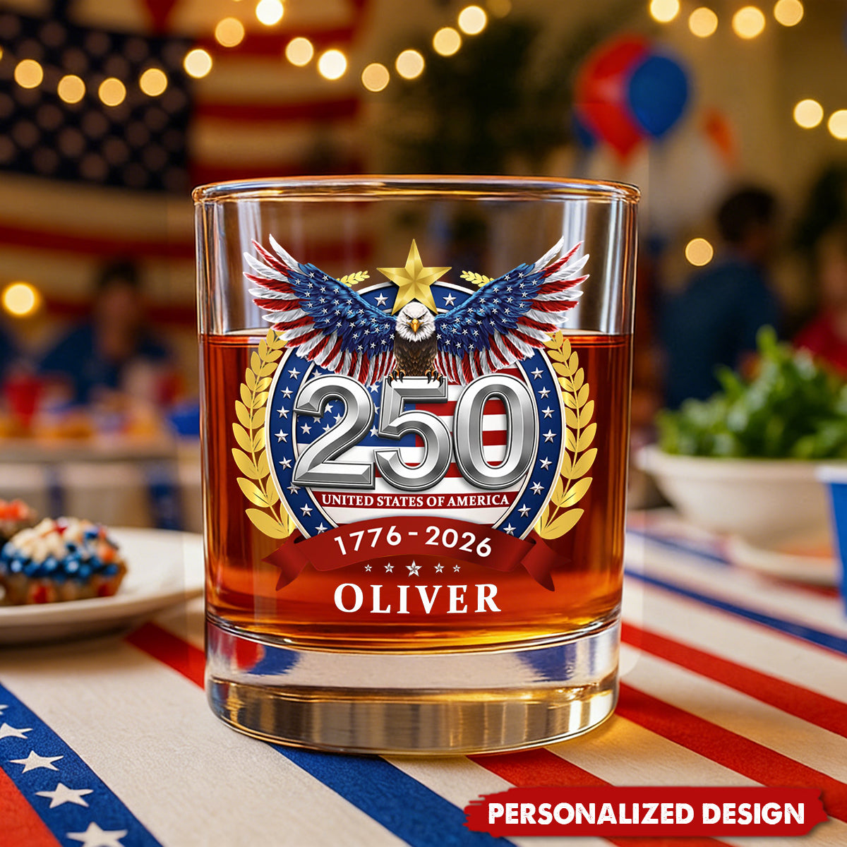 Personalized 250th Anniversary American Eagle Whiskey Glass – Custom Name Patriotic Gift