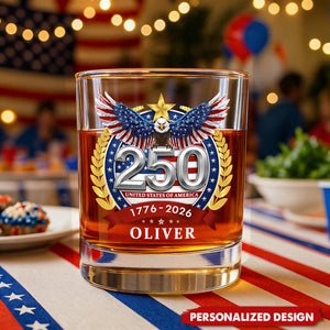 Personalized 250th Anniversary American Eagle Whiskey Glass – Custom Name Patriotic Gift