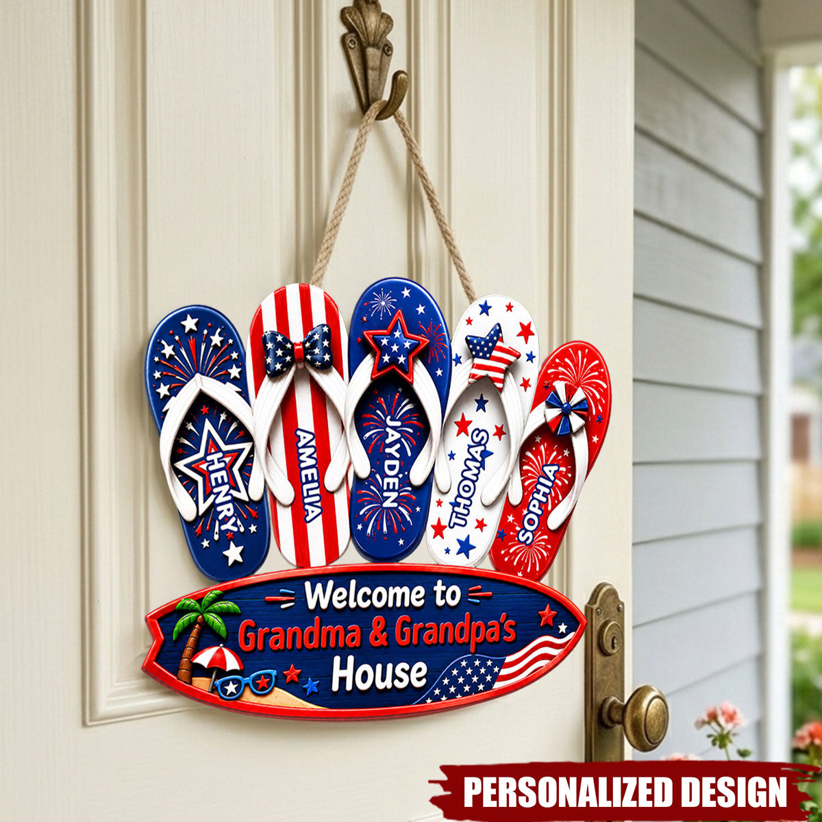 Personalized Patriotic Flip Flop USA Flag Welcome Door Sign