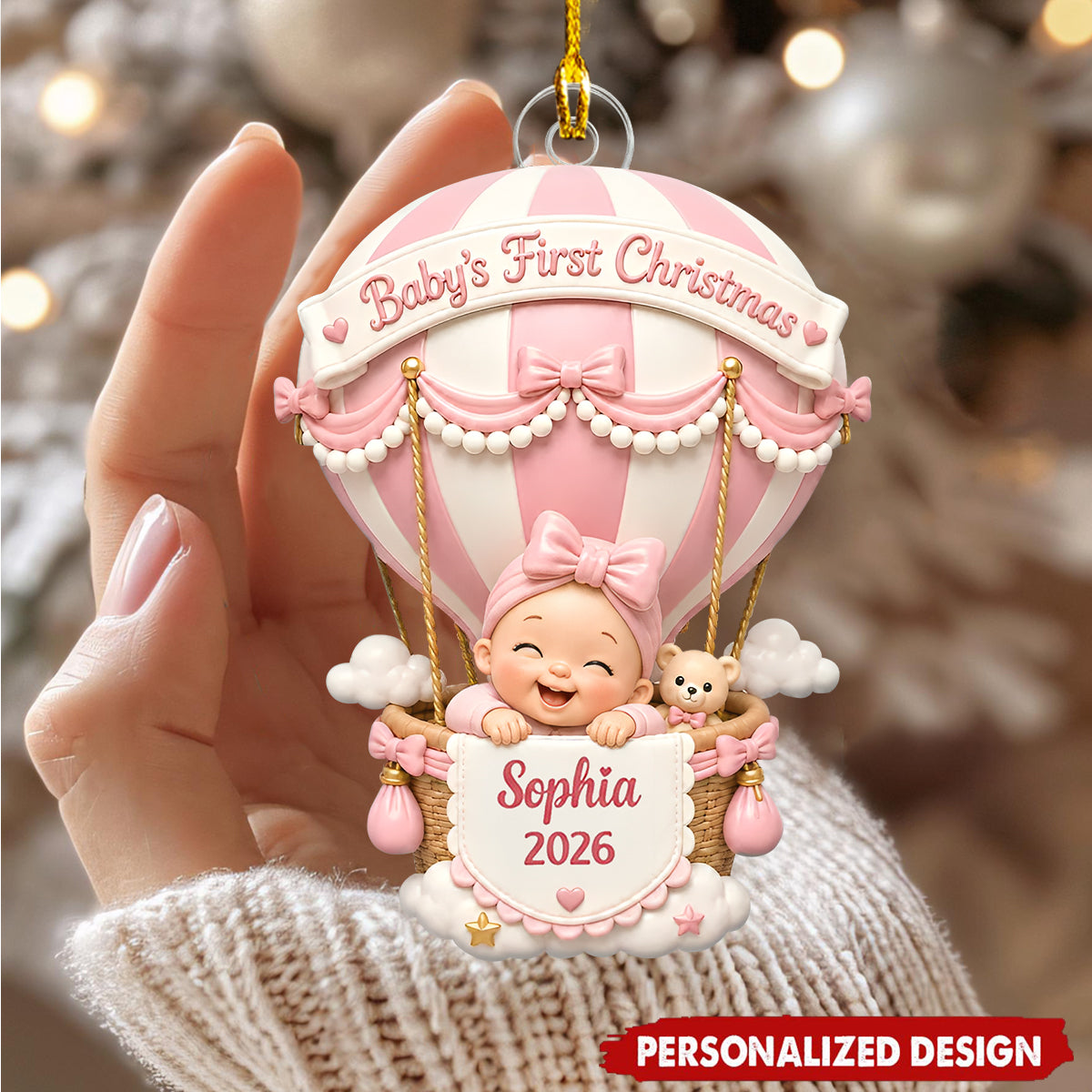 Personalized Baby’s First Christmas Hot Air Balloon Acrylic Ornament- Custom Baby Name & Year