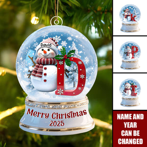 Personalized Snowman Initial Snow Globe Ornament – Custom Name & Year Christmas Gift