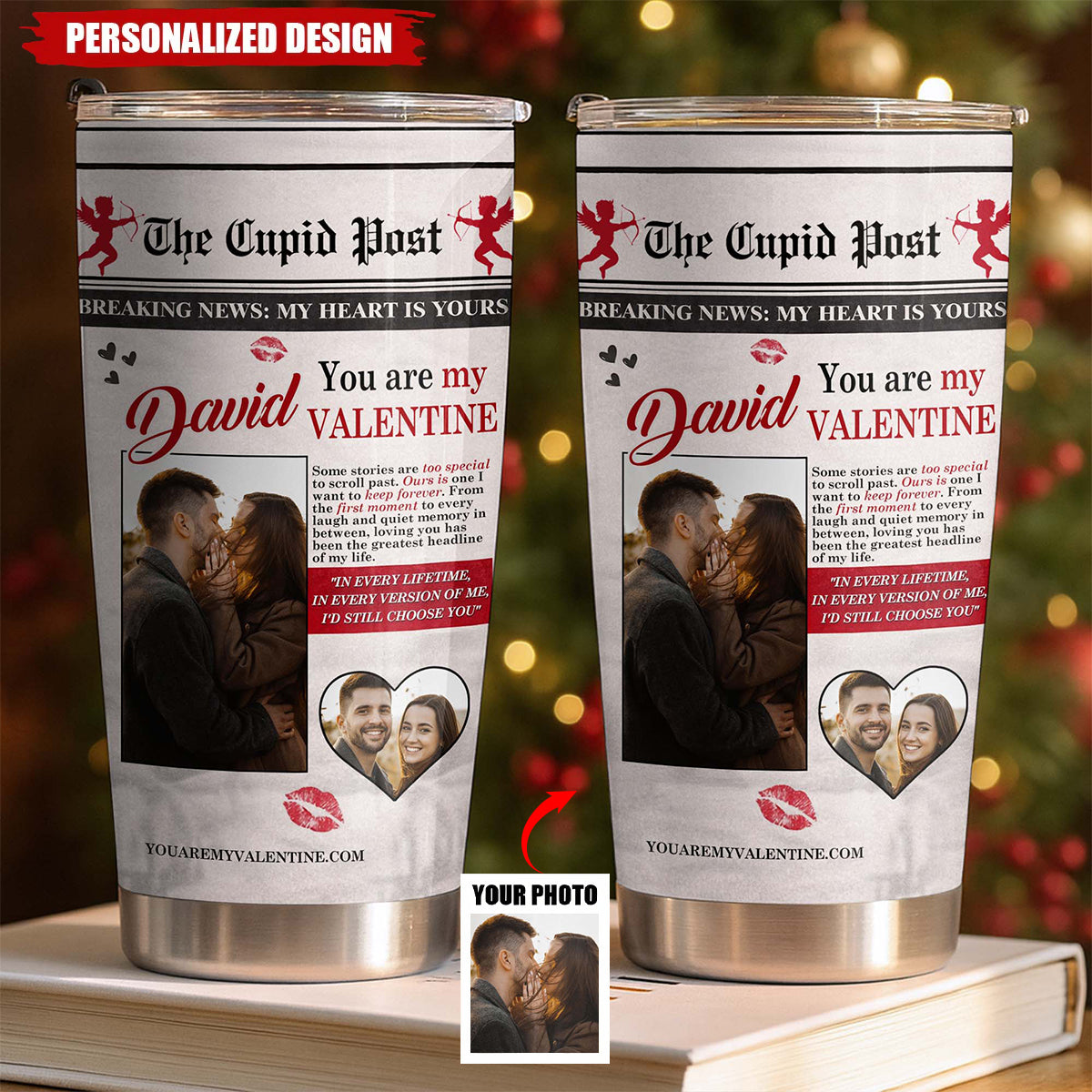 Personalized "The Cupid Post" Newspaper Valentine Tumbler — Custom Photo & Name