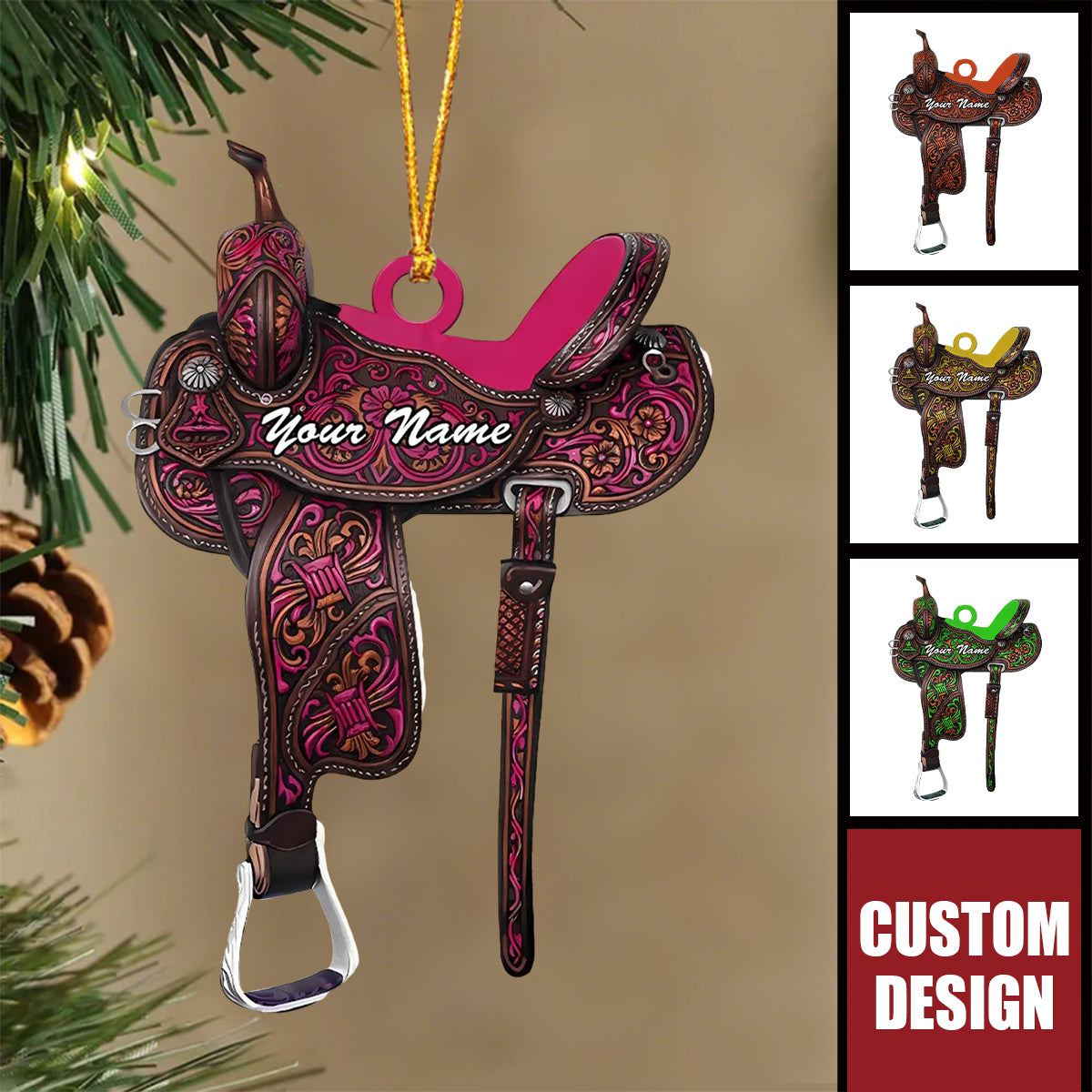 Custom Western Saddle Ornament – Personalized Name Christmas Horse Lover Gift