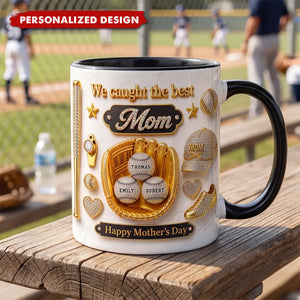 Personalized Baseball We Caught The Best Mom Mug - Custom Kids Names Mother's Day Gift
