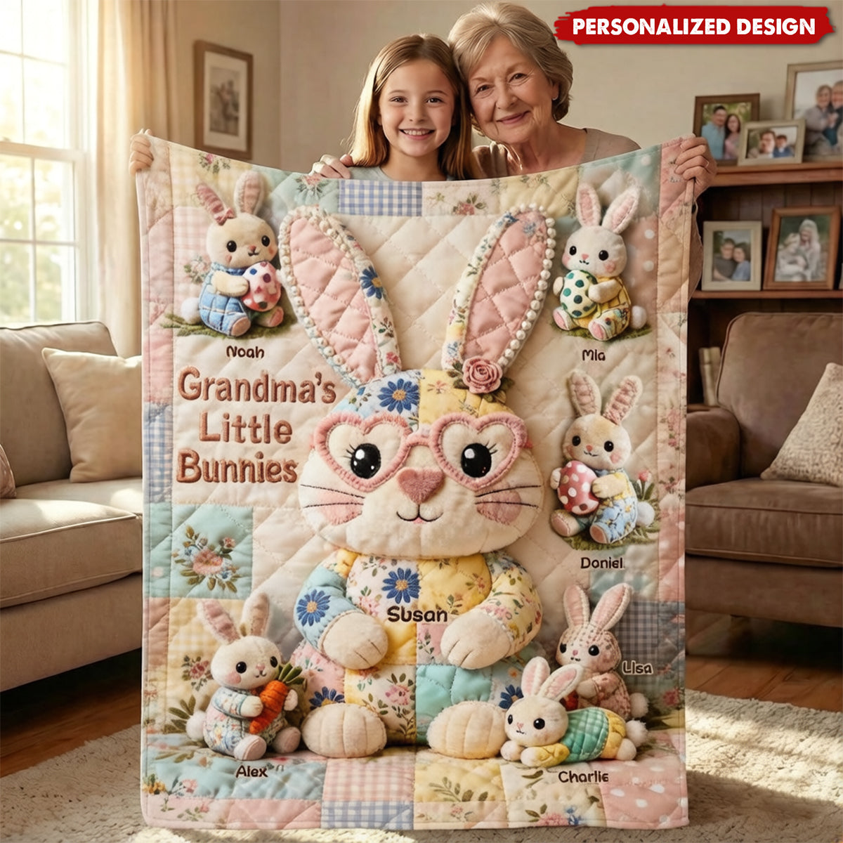 Personalized Grandma's Little Bunnies Blanket - Custom Grandkid Names Easter Bunny Blanket