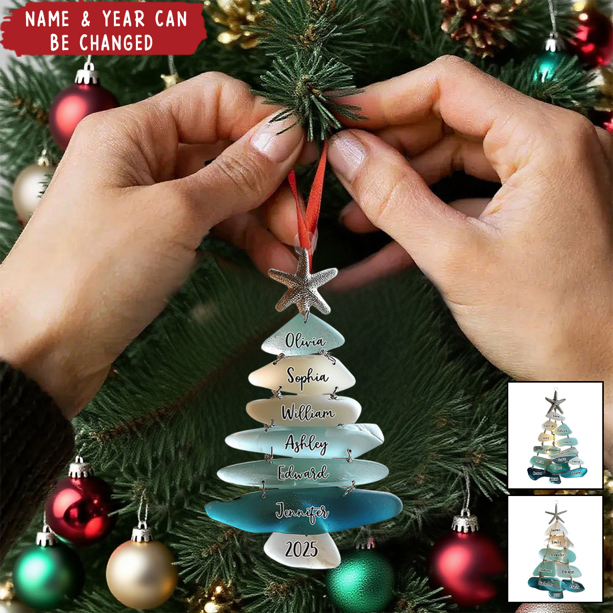 Personalized Sea Glass Family Ornament - Custom Names & Year