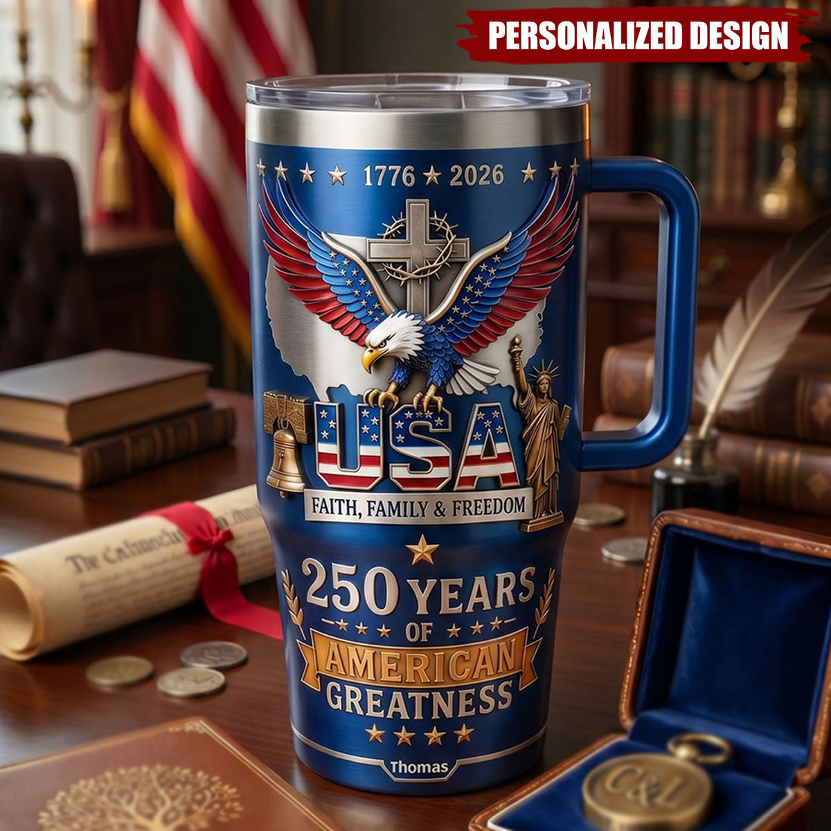 Personalized 250 Years Of American Eagle Cross 40oz Insulated Tumbler