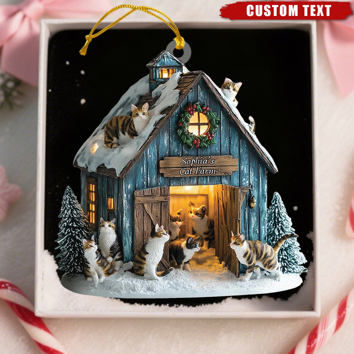 Personalized Cat Barn Christmas Ornament – Custom Text Gift for Cat Lovers