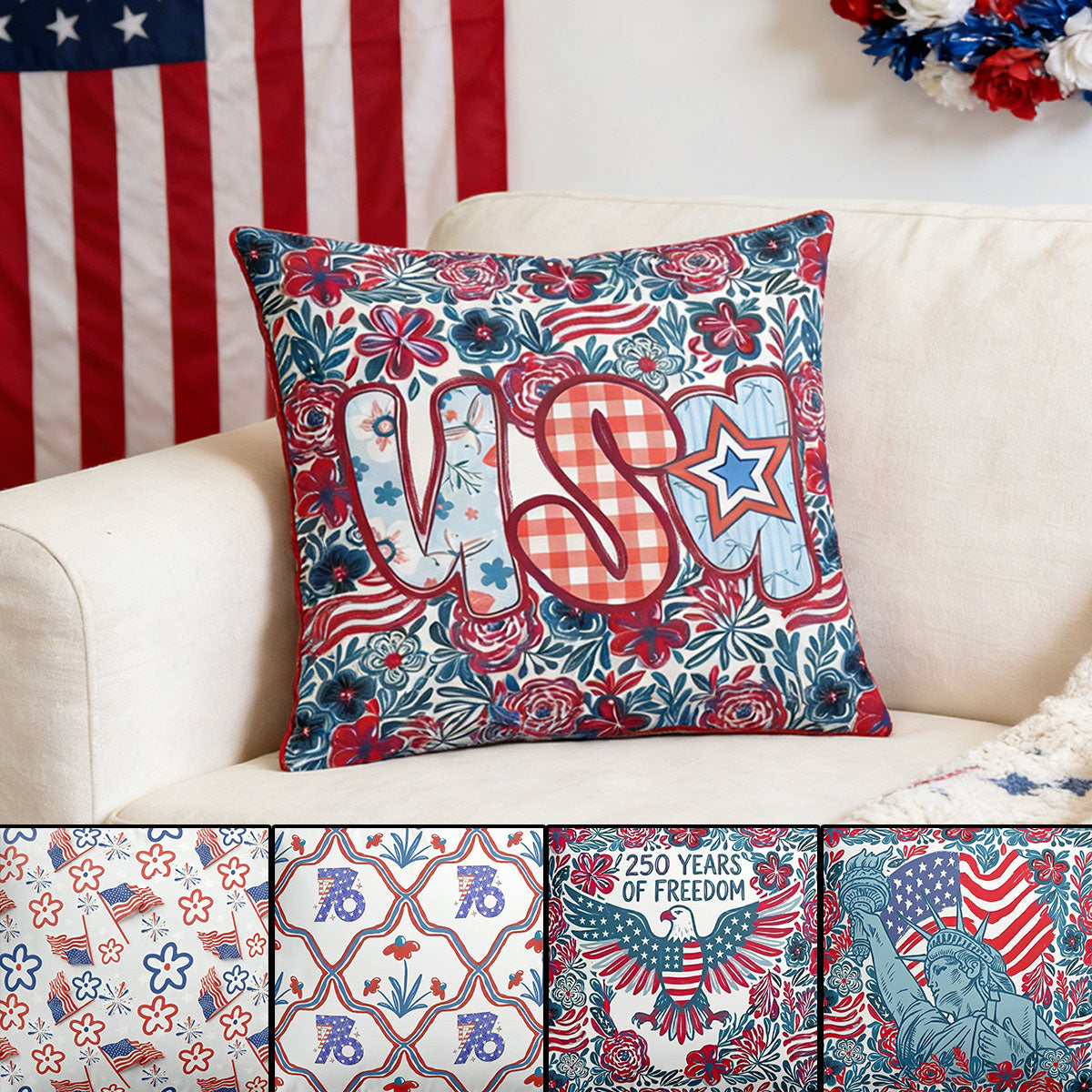 USA 250th Anniversary Floral American Flag Pillow - Perfect for Patriots