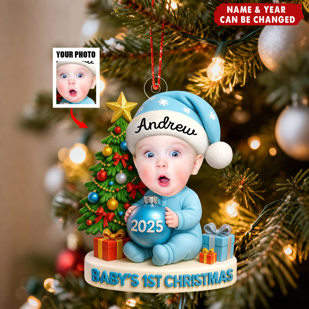 Baby’s First Christmas Ornament 2025 – Custom Face & Name Keepsake