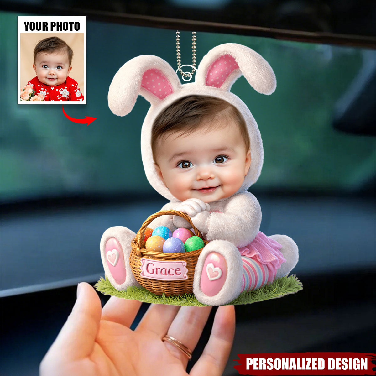 Personalized Easter Bunny Baby Car Ornament - Custom Photo & Name Easter Keepsake Hanger