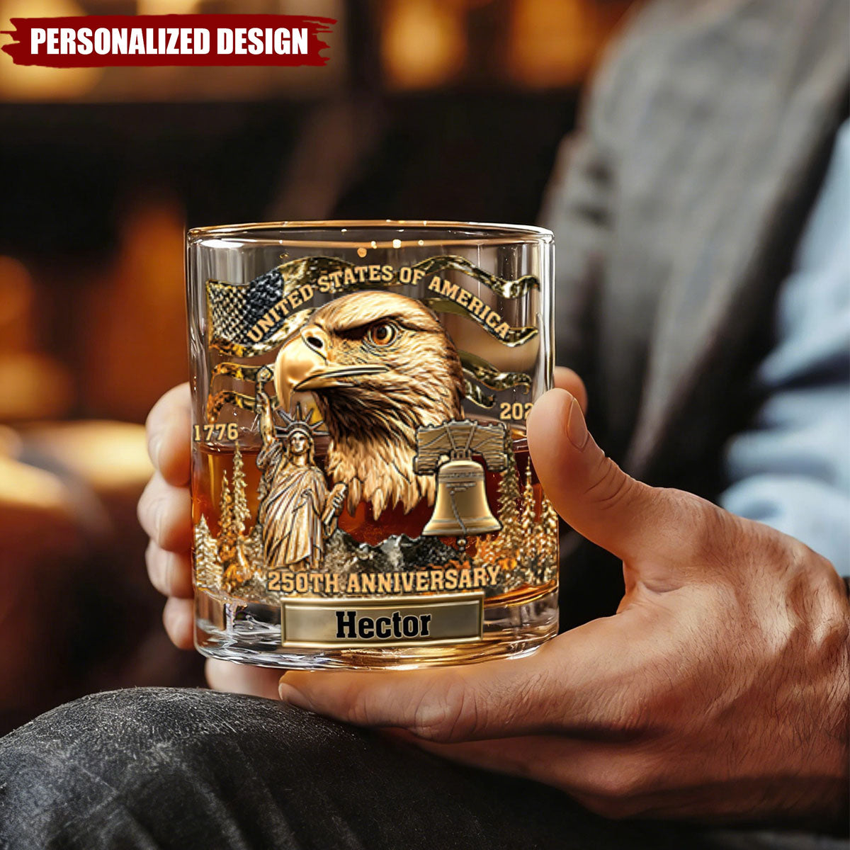 1776–2026 USA 250th Anniversary Whiskey Glass – Personalized Patriotic Keepsake