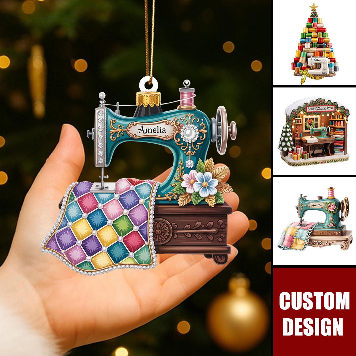 Personalized Vintage Sewing Machine Ornament – Custom Name Quilter Gift