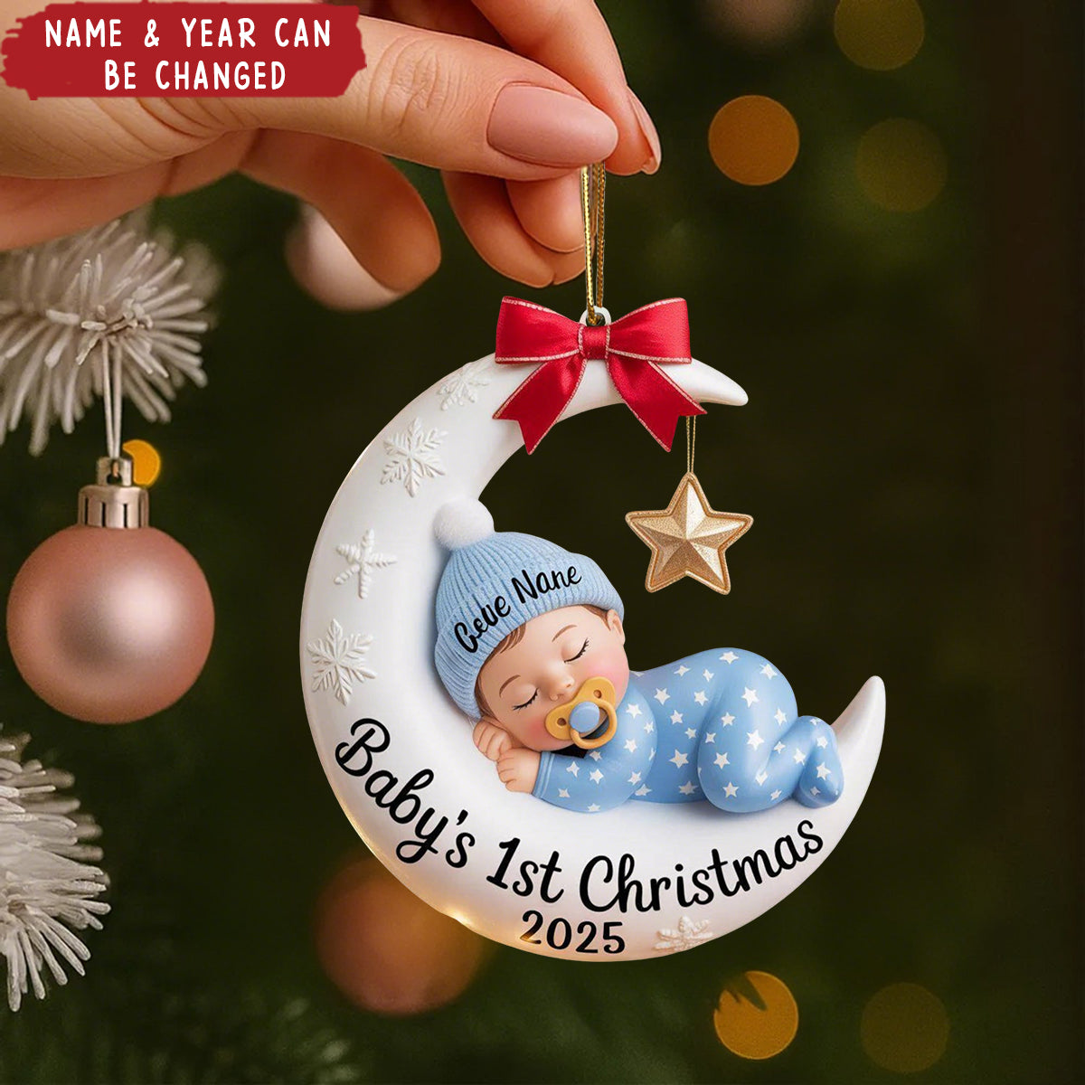 Personalized Baby’s 1st Christmas Moon Ornament – Custom Name & Year
