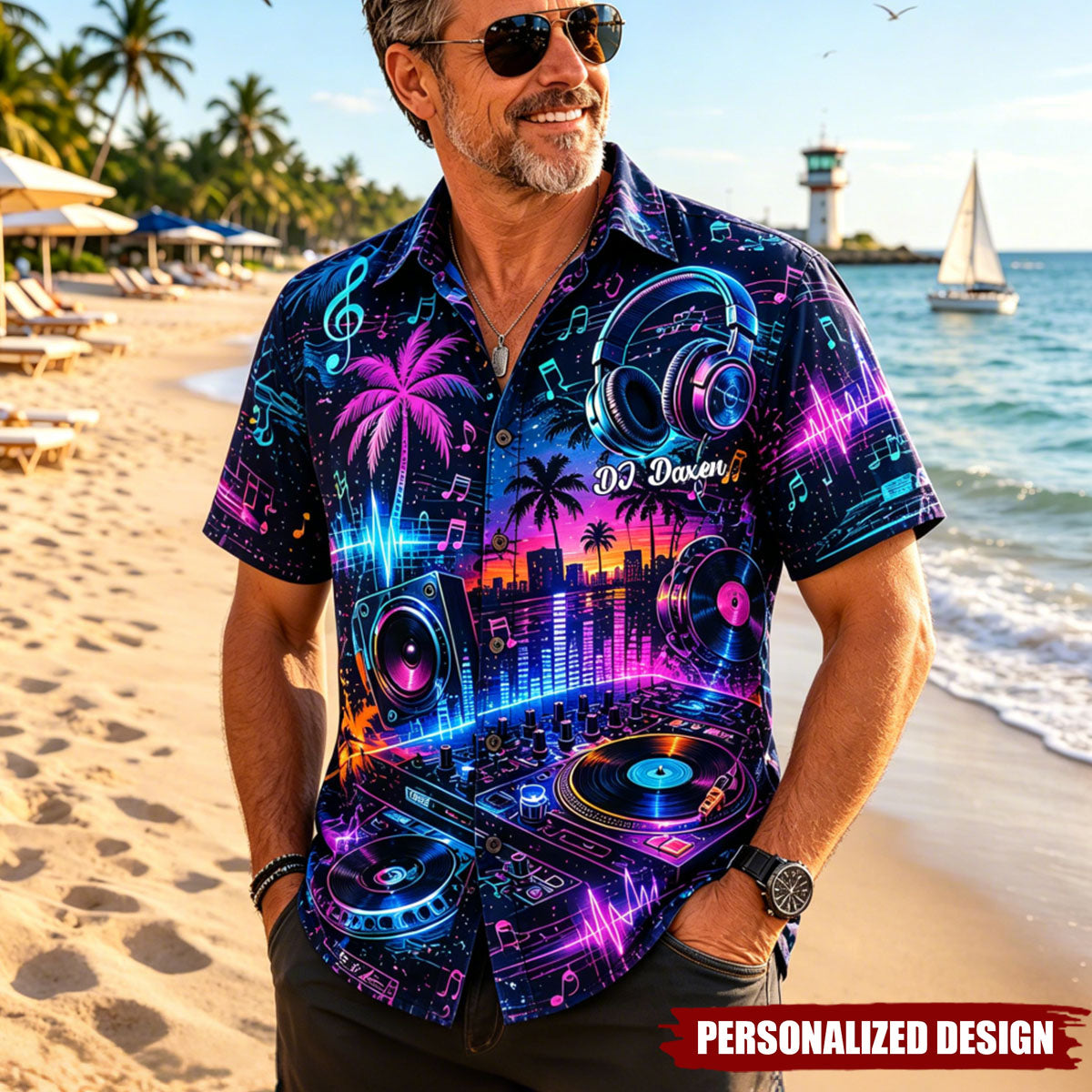 Personalized Neon DJ Turntable Tropical Hawaiian Shirt - Custom DJ Name