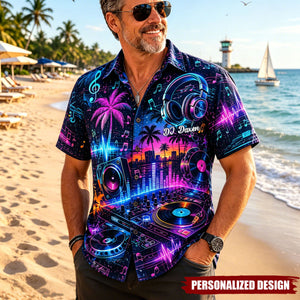 Personalized Neon DJ Turntable Tropical Hawaiian Shirt - Custom DJ Name
