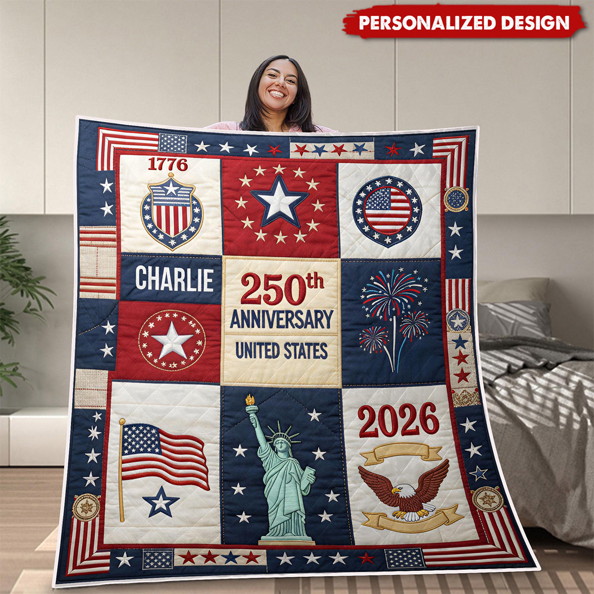 Personalized US 250th Anniversary Blanket -  Custom Name USA Independence Gift