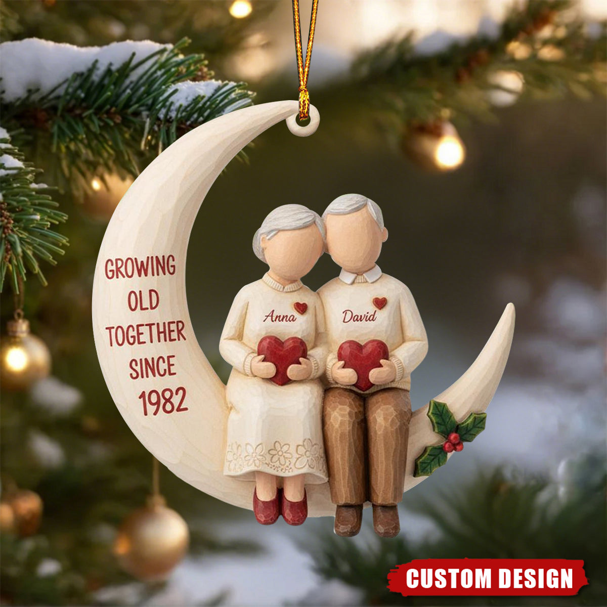 Personalized “Growing Old Together” Elderly Couple Moon Ornament – Custom Names & Anniversary Year