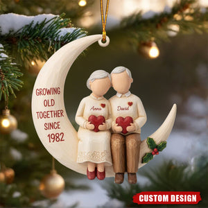 Personalized “Growing Old Together” Elderly Couple Moon Ornament – Custom Names & Anniversary Year