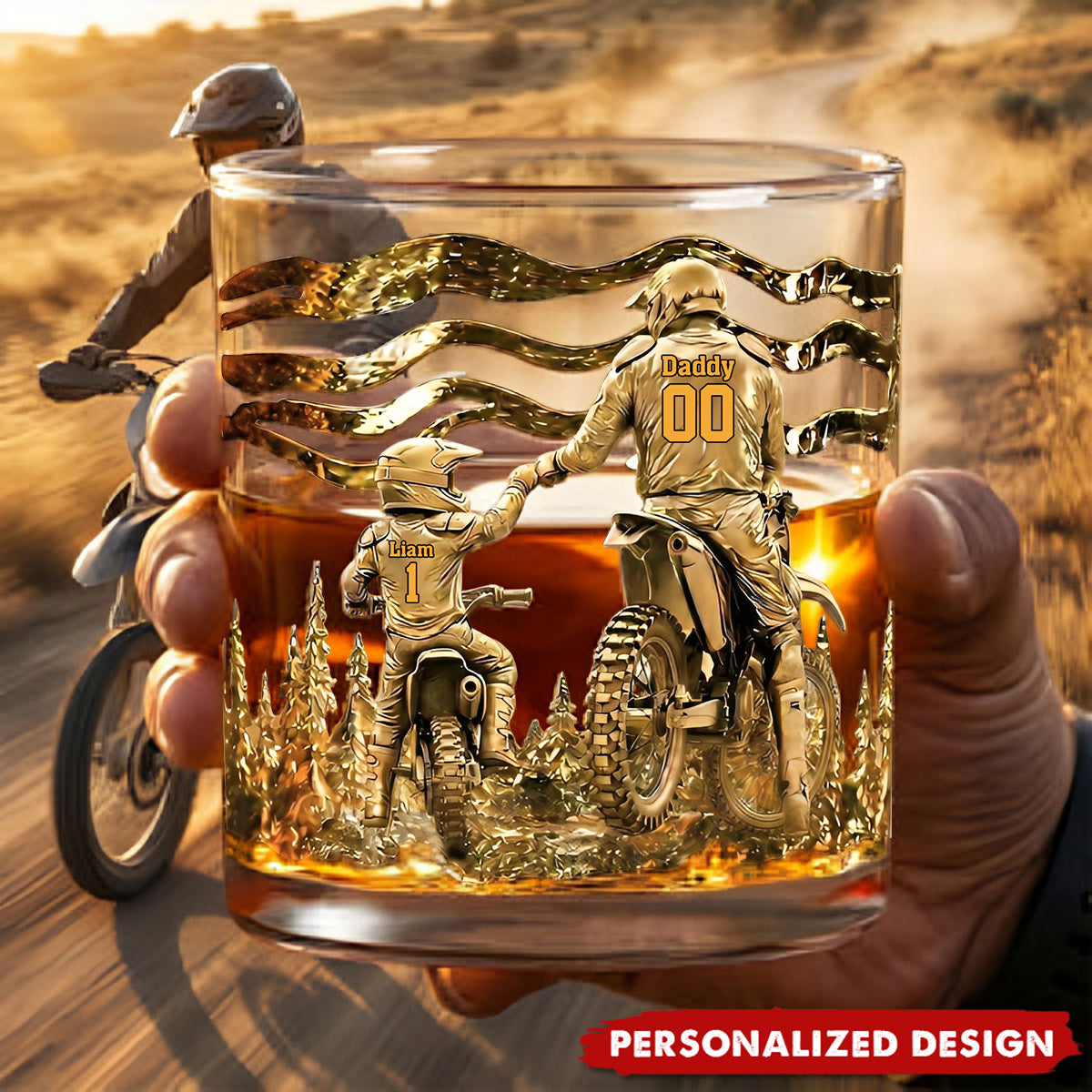 Personalized Dirt Bike Father & Child Whiskey Glass - Custom Names & Numbers
