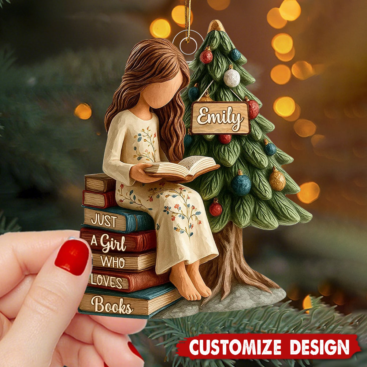 Personalized Girl Reading Ornament – Custom Name Christmas Tree Decoration for Book Lovers