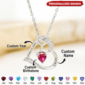 Personalized Graduation Heart Necklace – Custom Name Birthstone Gift for Graduate