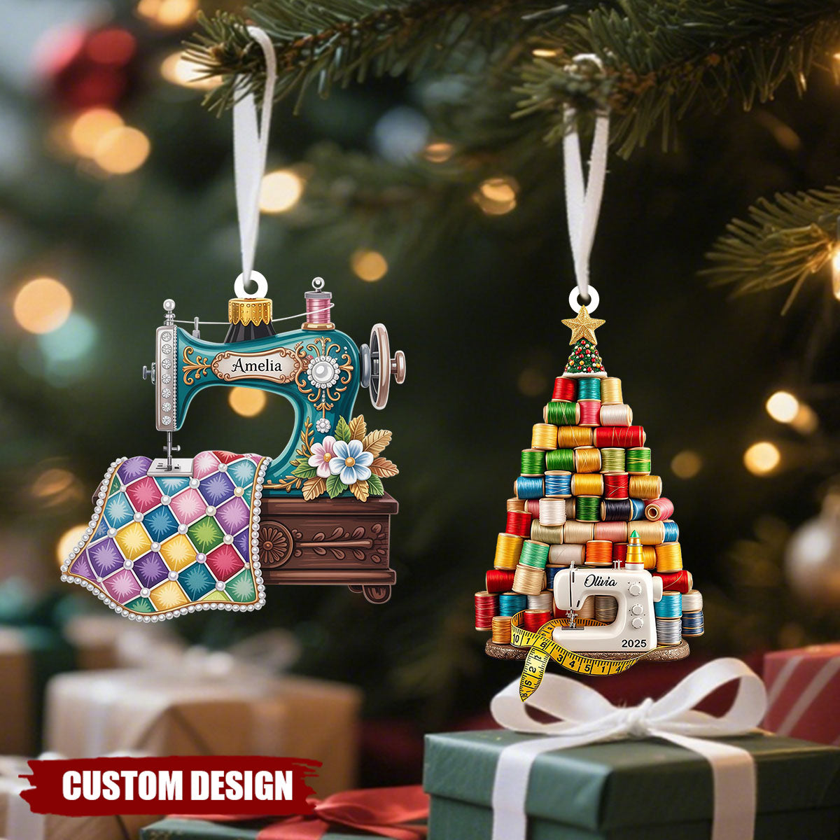 Personalized Vintage Sewing Machine Ornament – Custom Name Quilter Gift