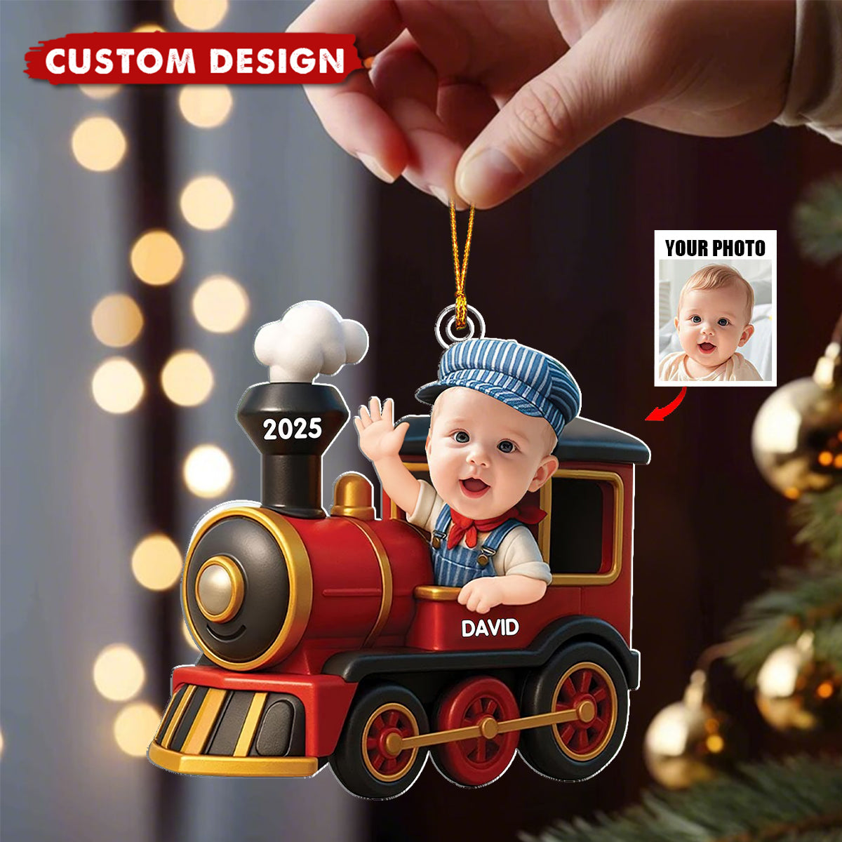 Personalized Kid Railroader Train Christmas Ornament - Custom Photo And Design