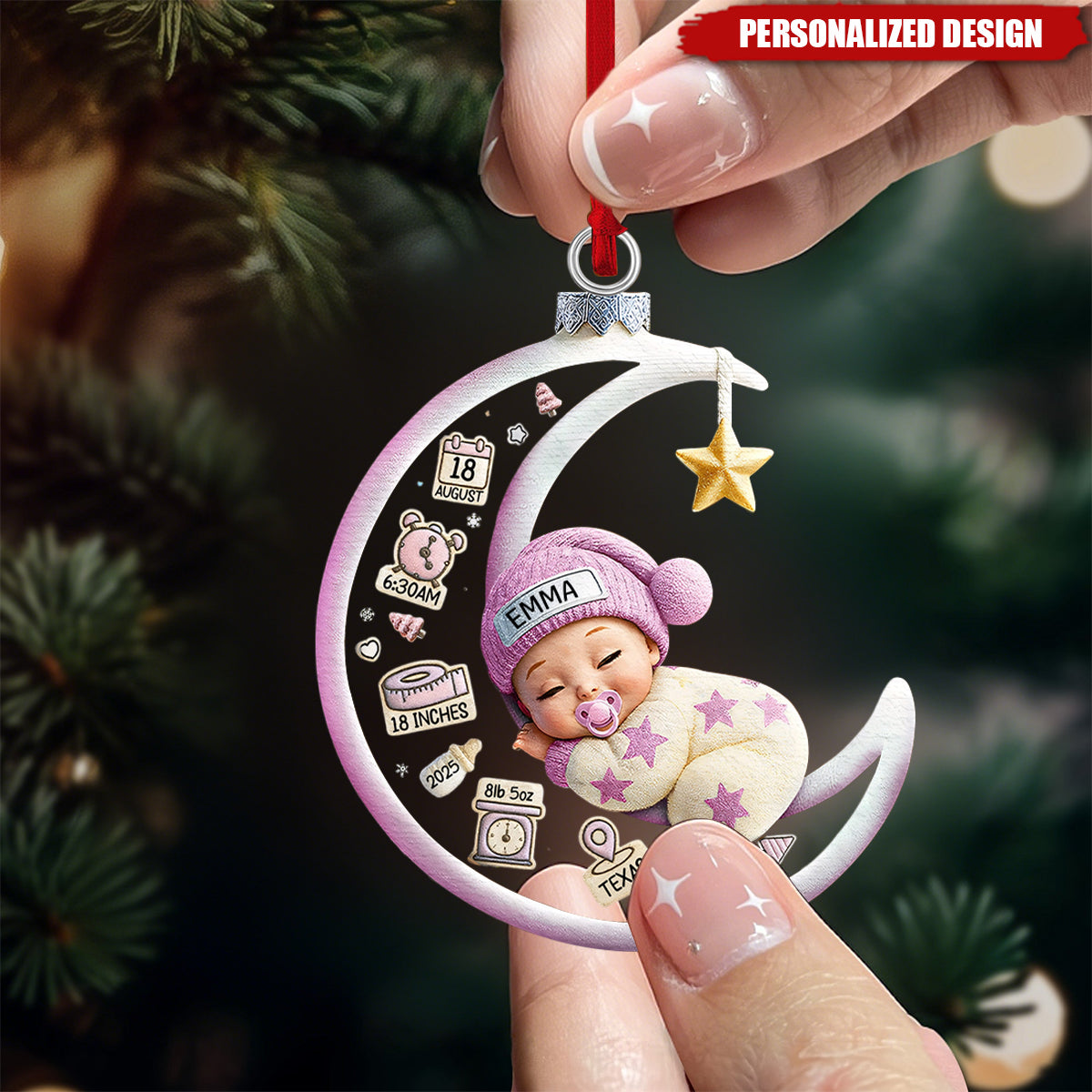 Custom Baby Sleeping on Moon Christmas Ornament – Name & Birth Details