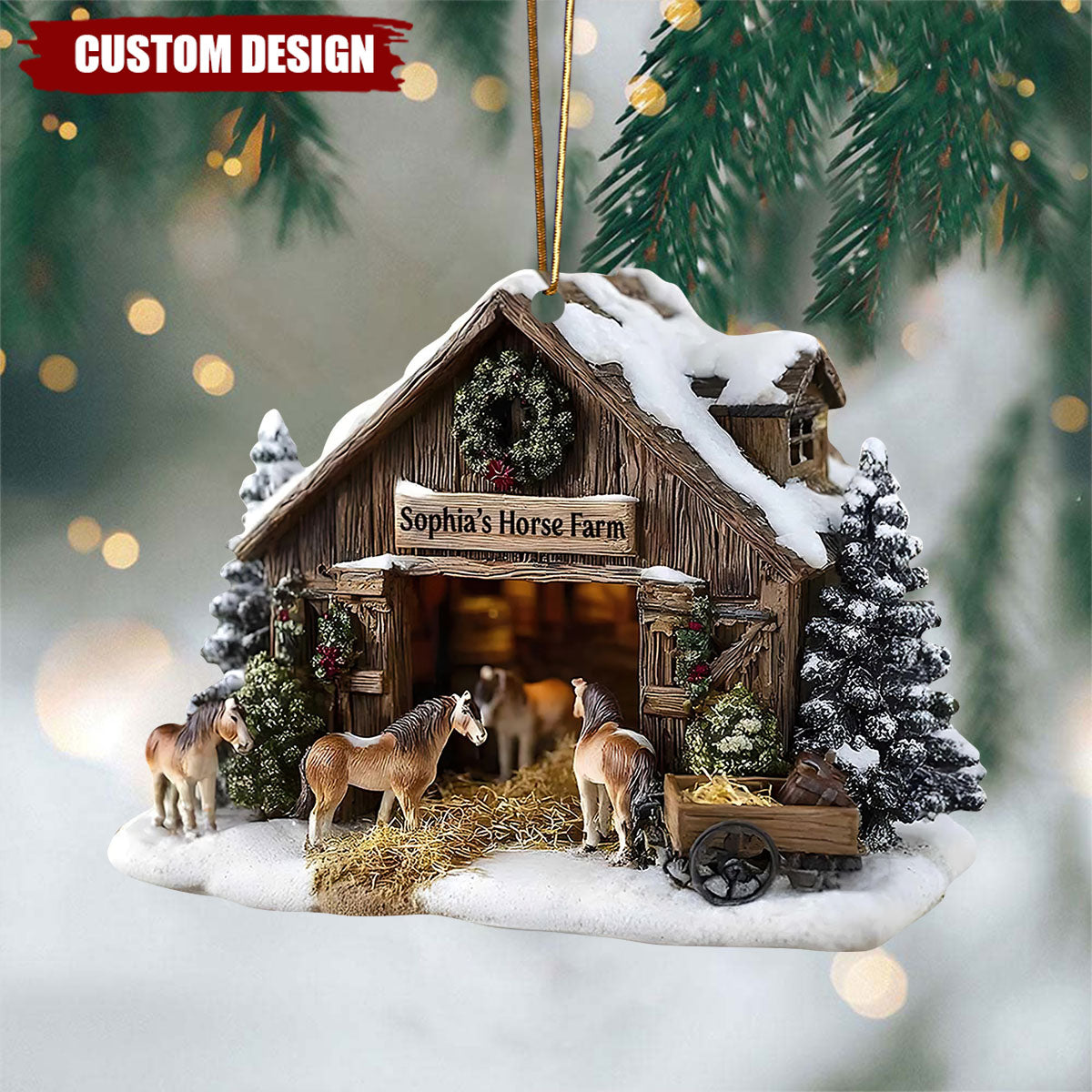 Rustic Personalized Horse Farm Christmas Ornament – Custom Barn Décor for Horse Lovers