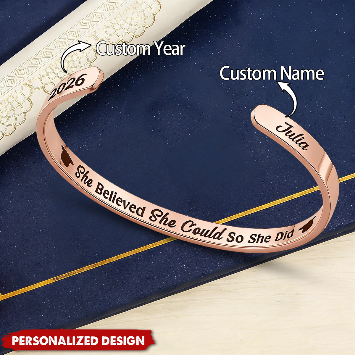 She Believed She Could So She Did -  Personalized Graduation Cuff Bracelet