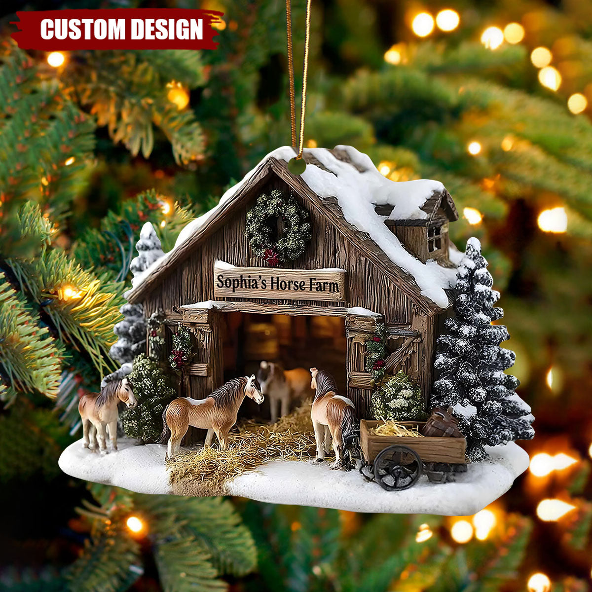 Rustic Personalized Horse Farm Christmas Ornament – Custom Barn Décor for Horse Lovers