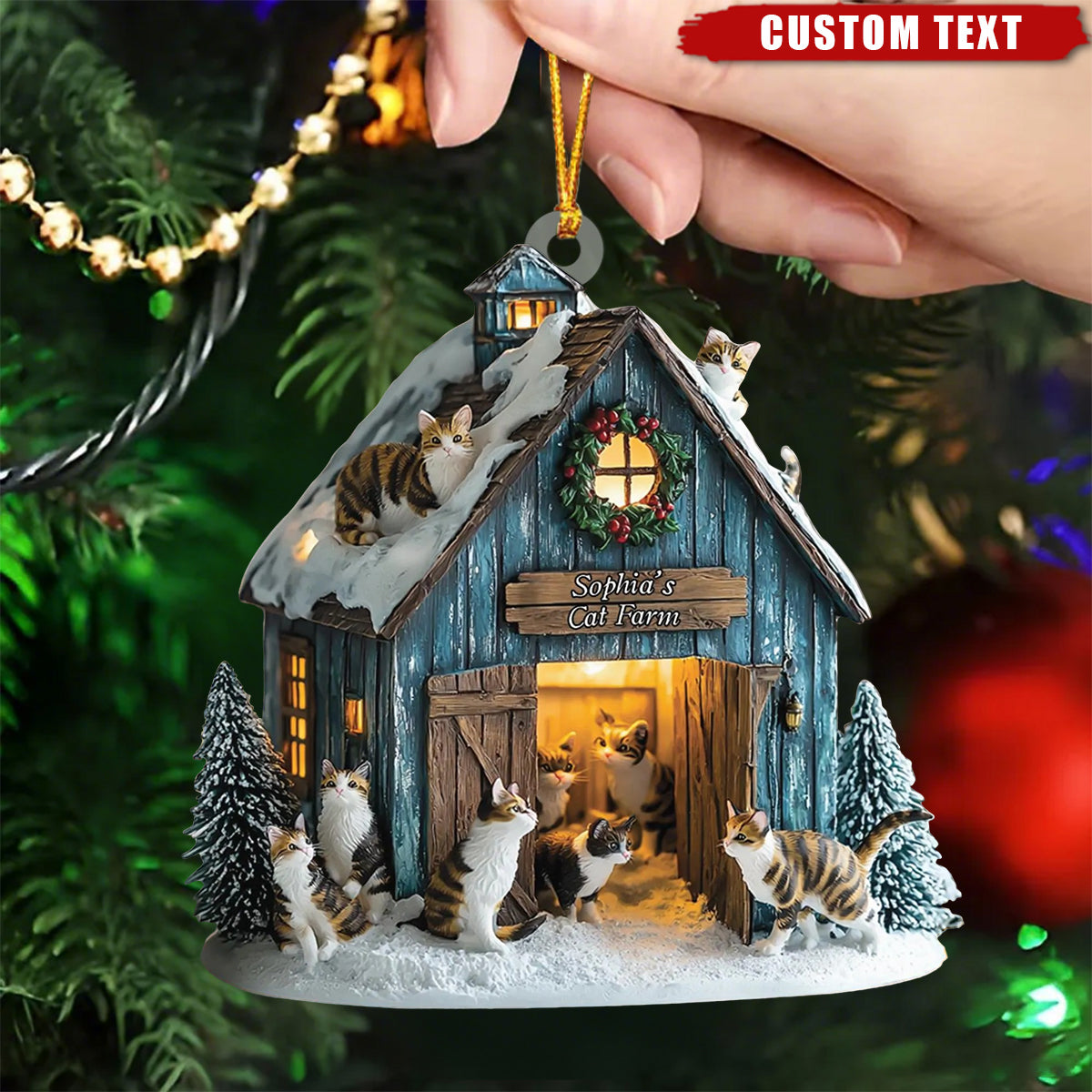Personalized Cat Barn Christmas Ornament – Custom Text Gift for Cat Lovers