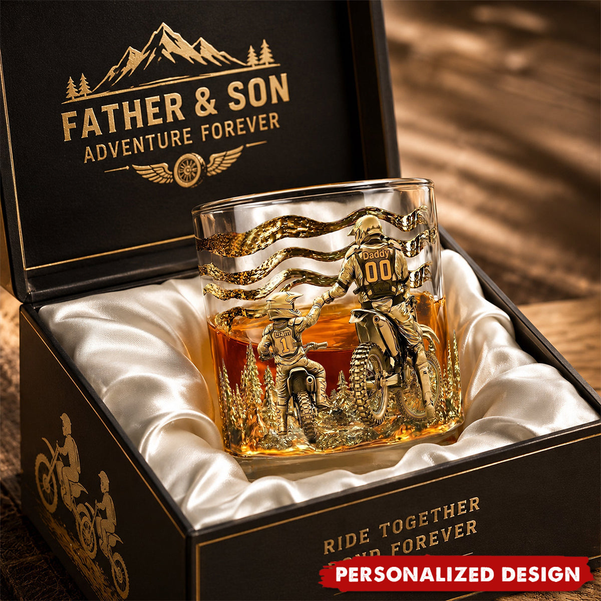 Personalized Dirt Bike Father & Child Whiskey Glass - Custom Names & Numbers
