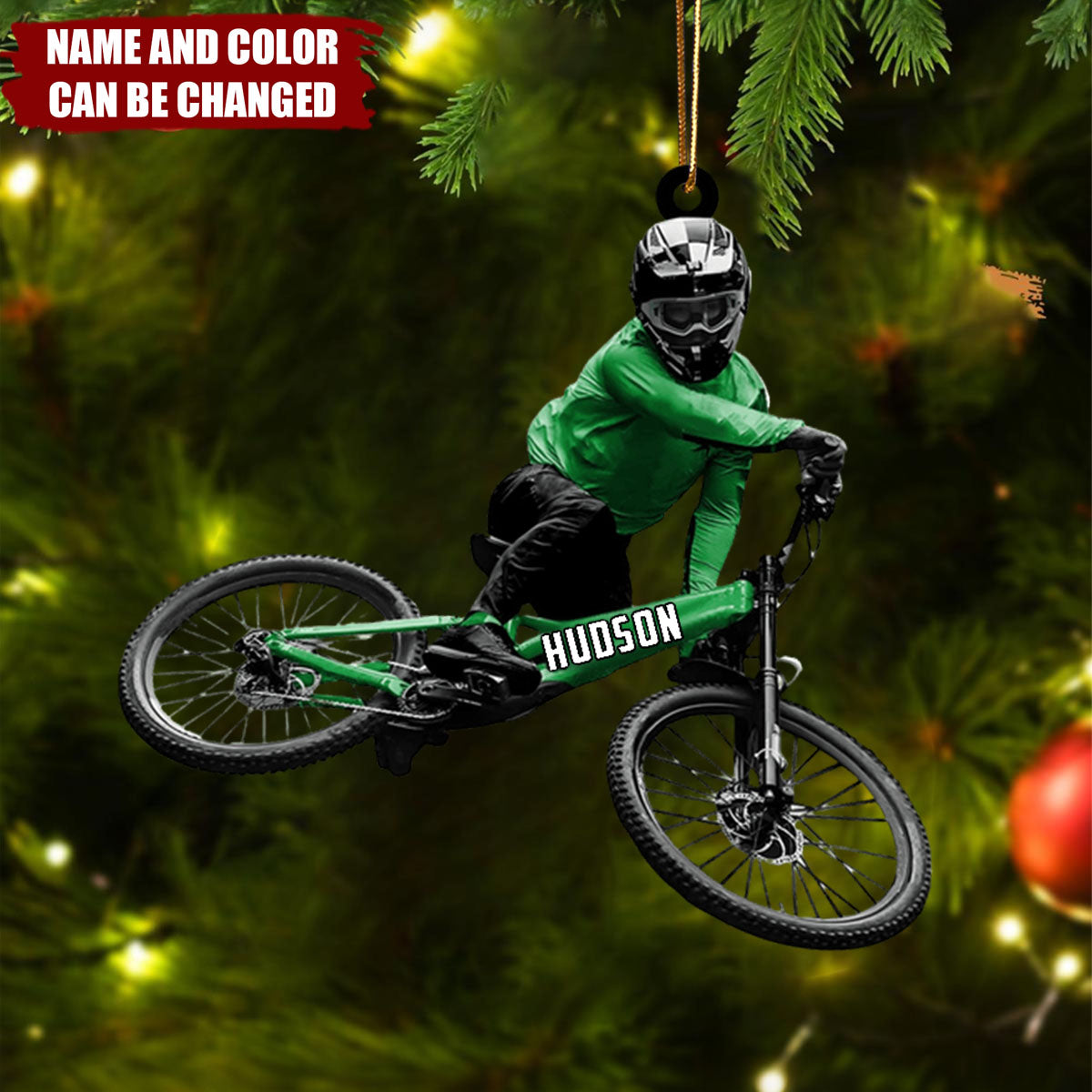 Personalized Mountain Biker Christmas Ornament – Custom Name & Color MTB Rider Gift