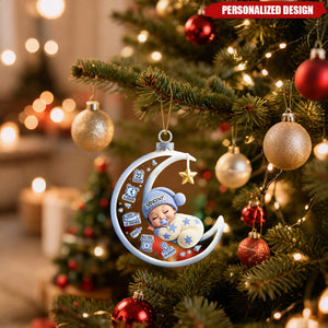 Custom Baby Sleeping on Moon Christmas Ornament – Name & Birth Details