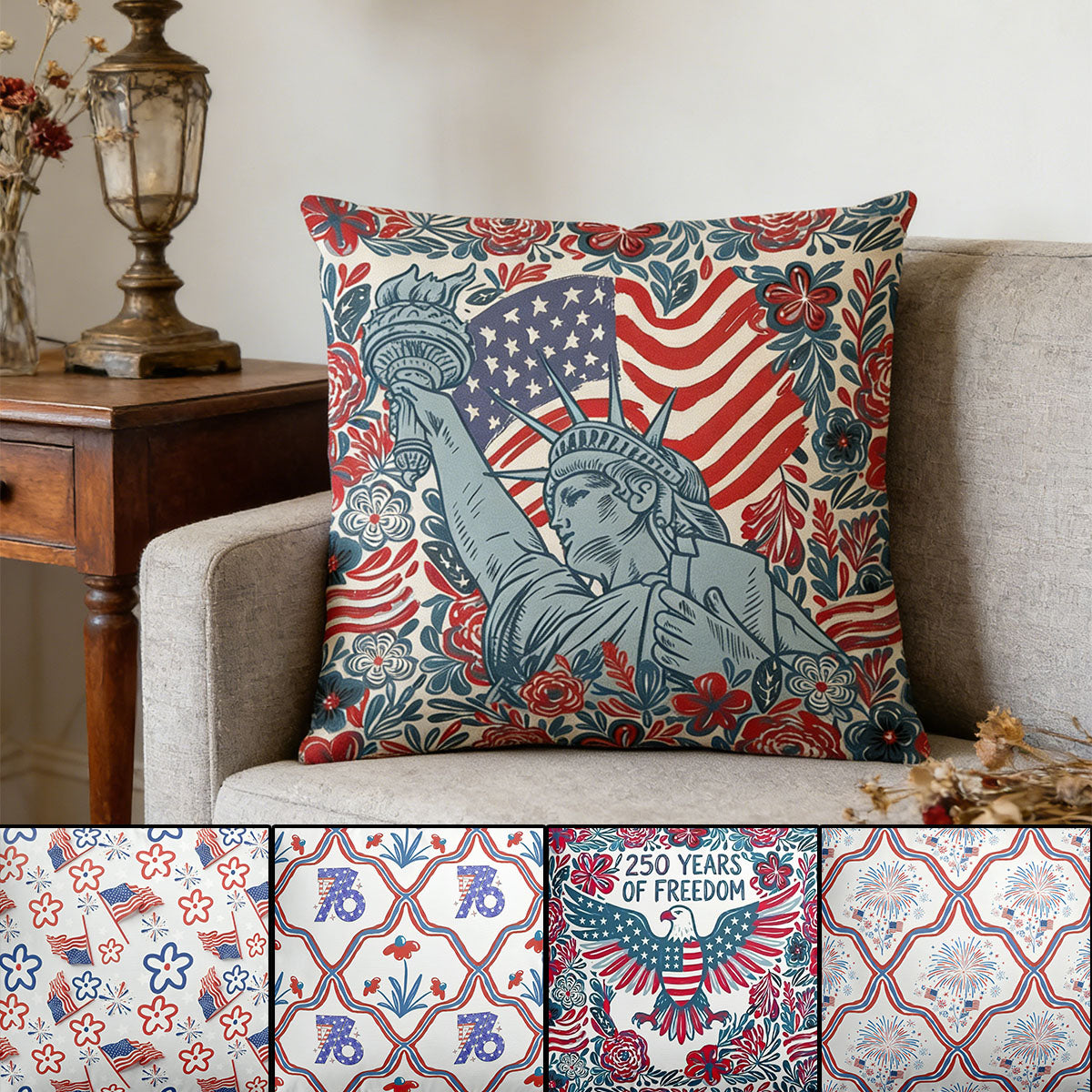 USA 250th Anniversary Floral American Flag Pillow - Perfect for Patriots