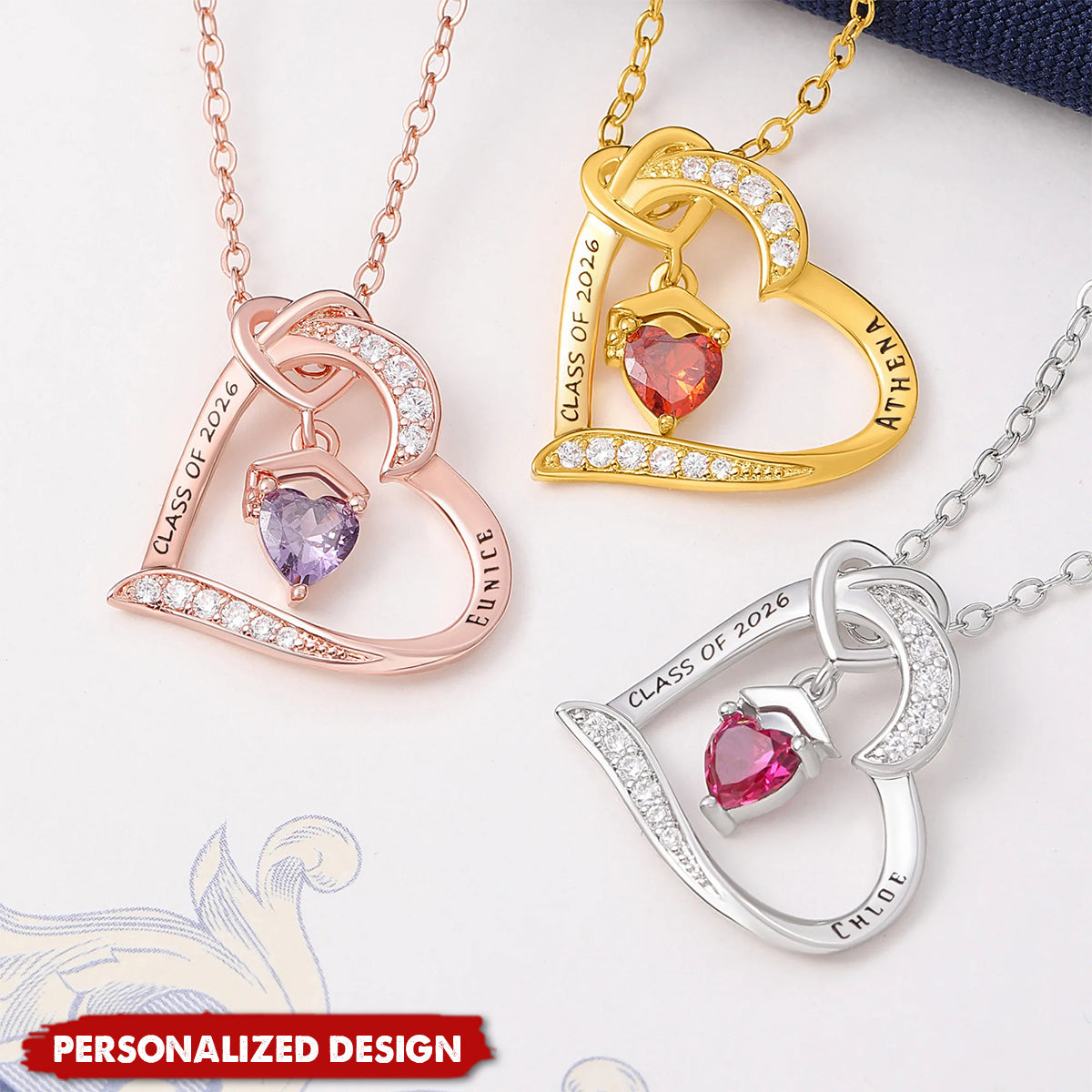 Personalized Graduation Heart Necklace – Custom Name Birthstone Gift for Graduate