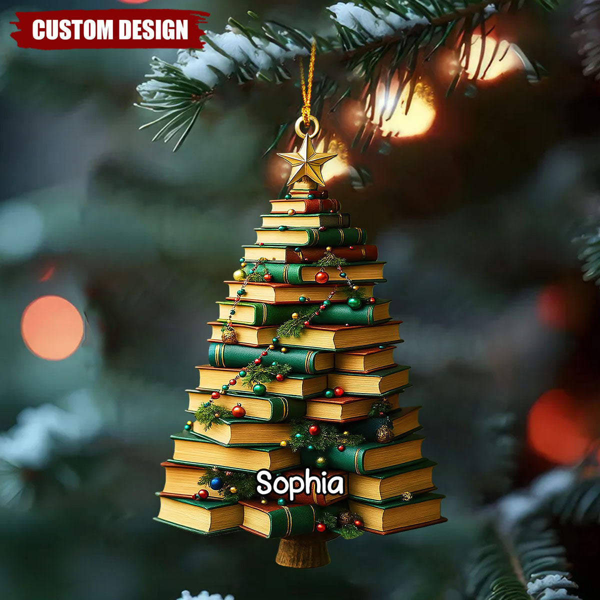 Personalized Book Lover Christmas Tree Ornament – Custom Name Library Holiday Decor