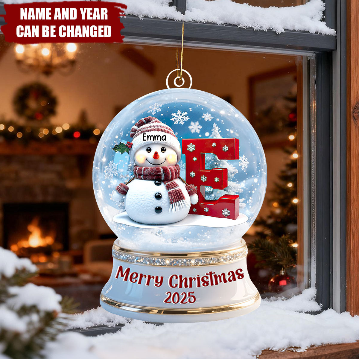 Personalized Snowman Initial Snow Globe Ornament – Custom Name & Year Christmas Gift
