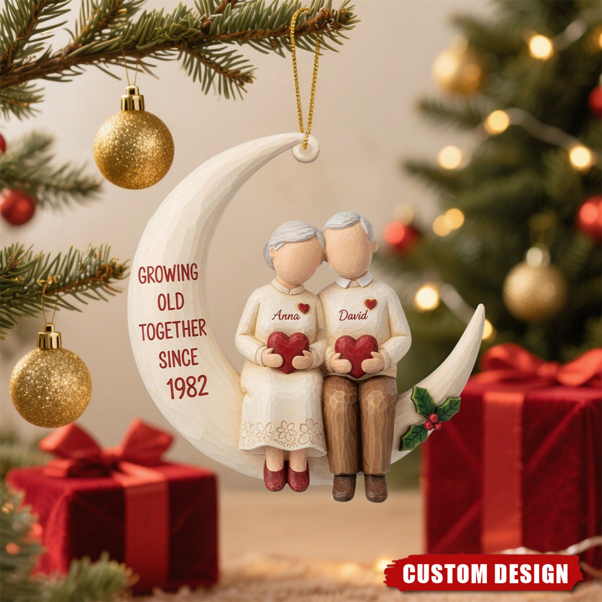 Personalized “Growing Old Together” Elderly Couple Moon Ornament – Custom Names & Anniversary Year