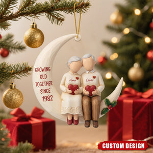 Personalized “Growing Old Together” Elderly Couple Moon Ornament – Custom Names & Anniversary Year