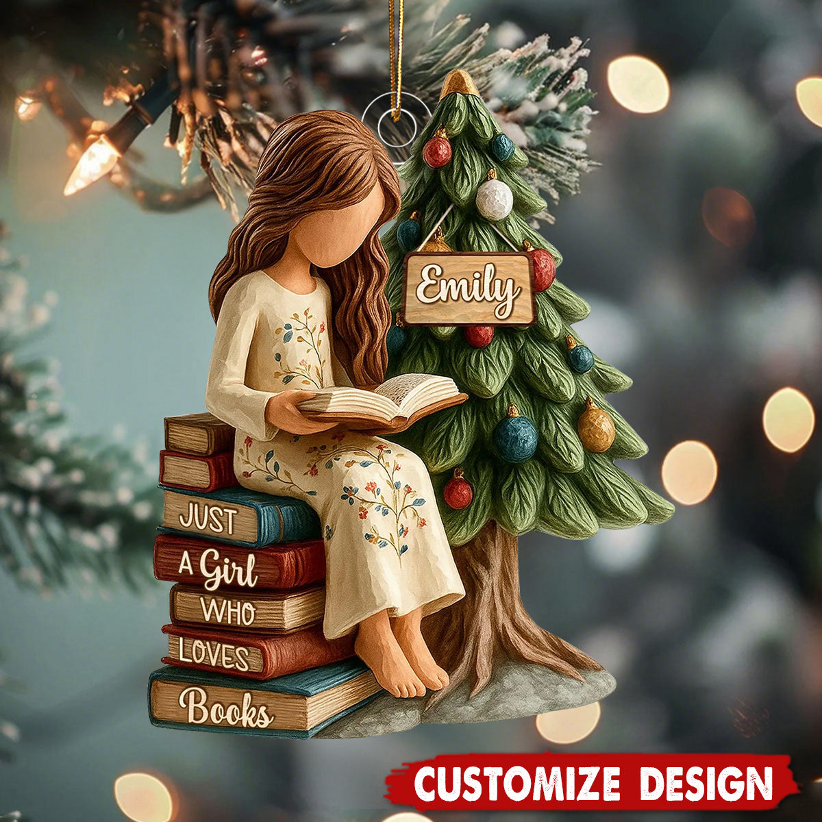 Personalized Girl Reading Ornament – Custom Name Christmas Tree Decoration for Book Lovers