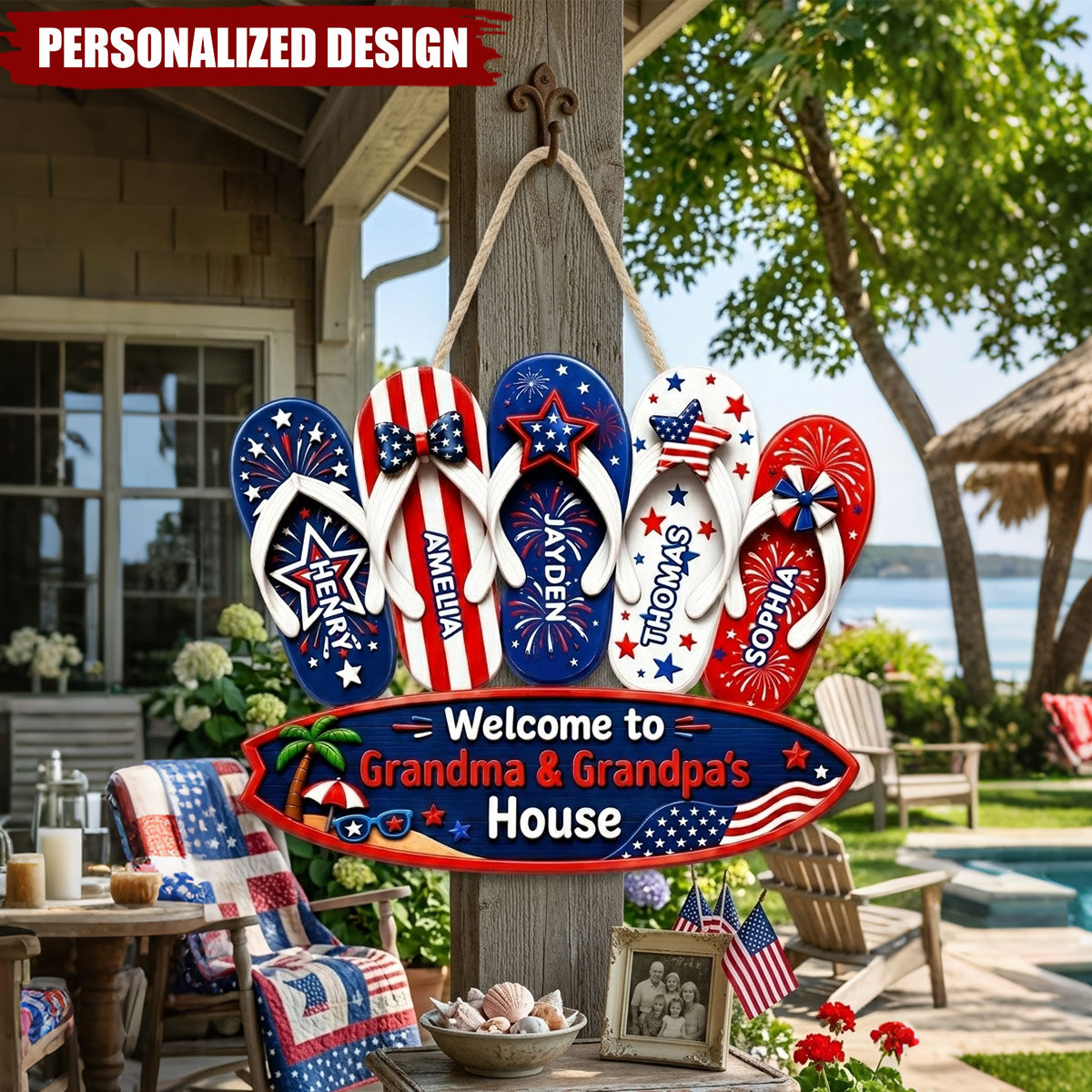 Personalized Patriotic Flip Flop USA Flag Welcome Door Sign