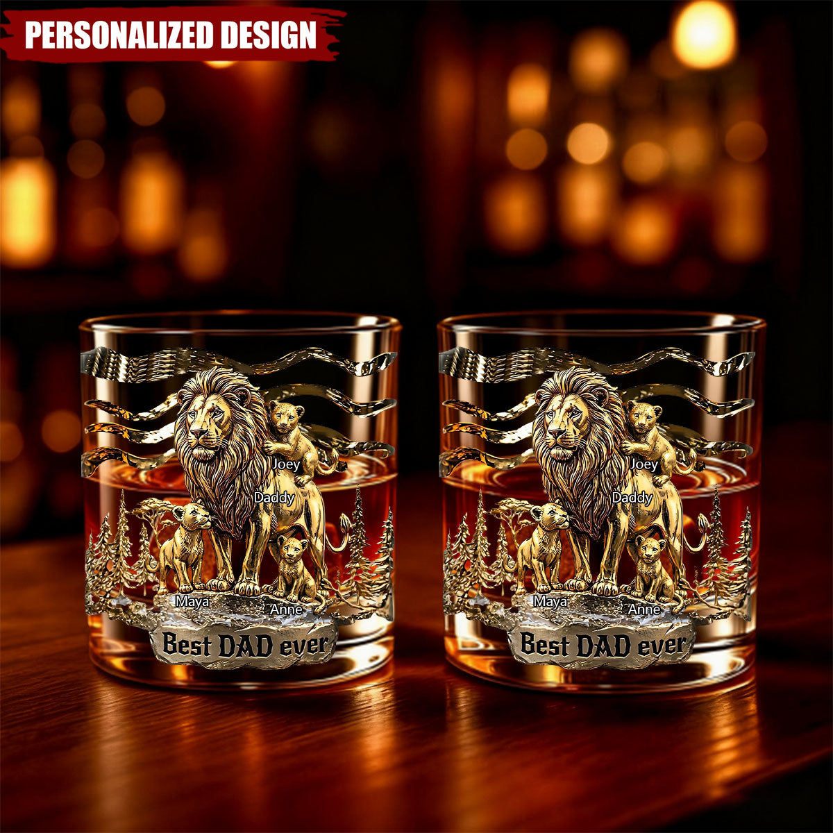 Personalized Lion Dad Whiskey Glass -Best Father‘s Day Gift